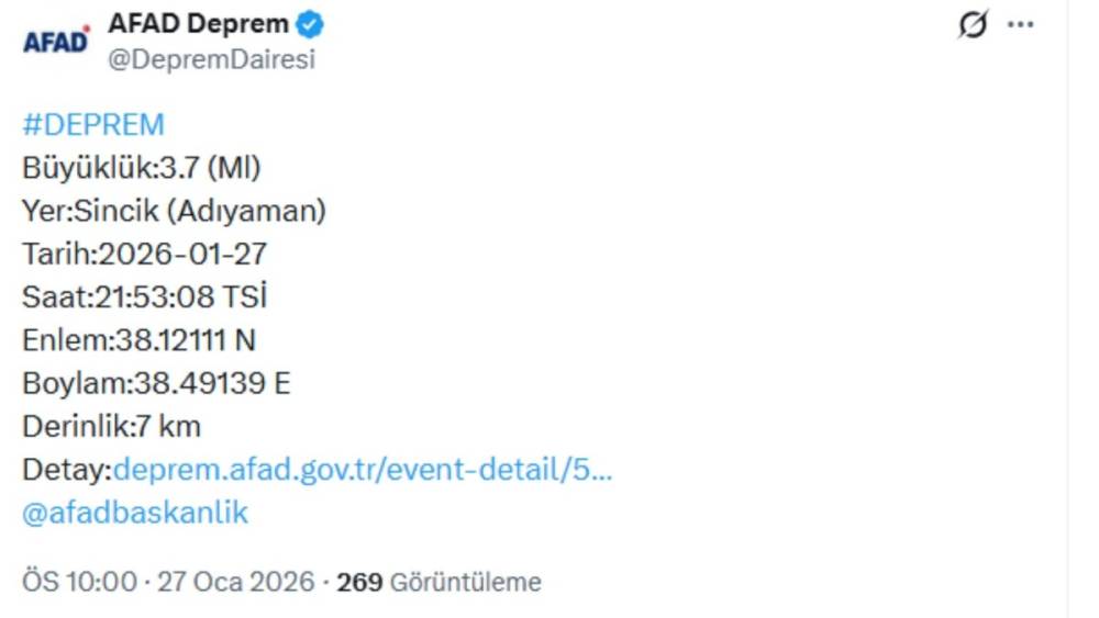 Adıyaman&rsquo;ın Sincik il&ccedil;esinde 3,7 b&uuml;y&uuml;kl&uuml;ğ&uuml;nde deprem 