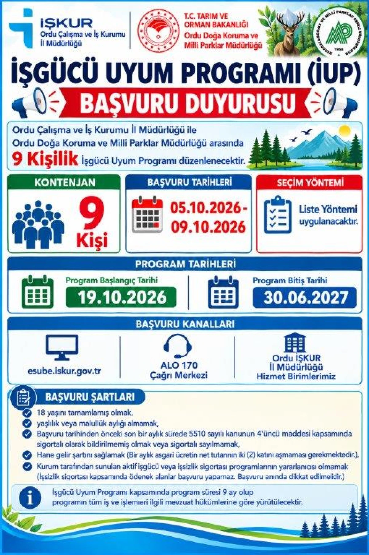 Ordu Doğa Koruma ve Milli Parklar&rsquo;a 9 Personel Alınacak: İŞKUR İUP Başvuruları Başlıyor